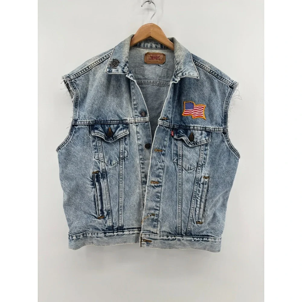 Levis Denim Vest Mens Blue Trucker Big Dog Motorcycles Choppers Large Vintage